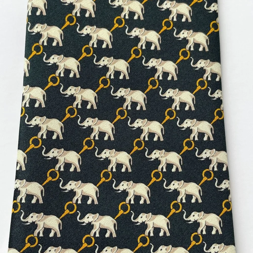 Rene Chagal Black Elephant Print Hand‎ Made 100% Silk Neck Tie Novelty Neckwear